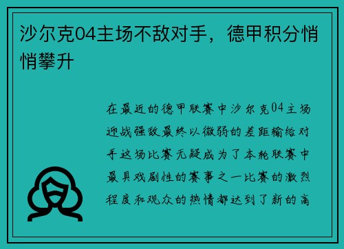 沙尔克04主场不敌对手，德甲积分悄悄攀升
